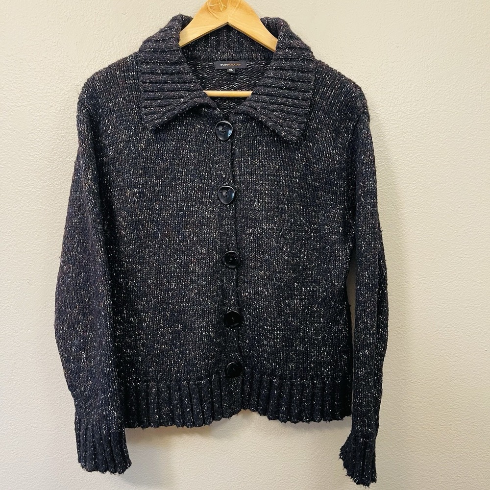 BCBG MaxAzaria Collar Cardigan Chunky Wool‎ Black Speckled Dark Academia Size XL